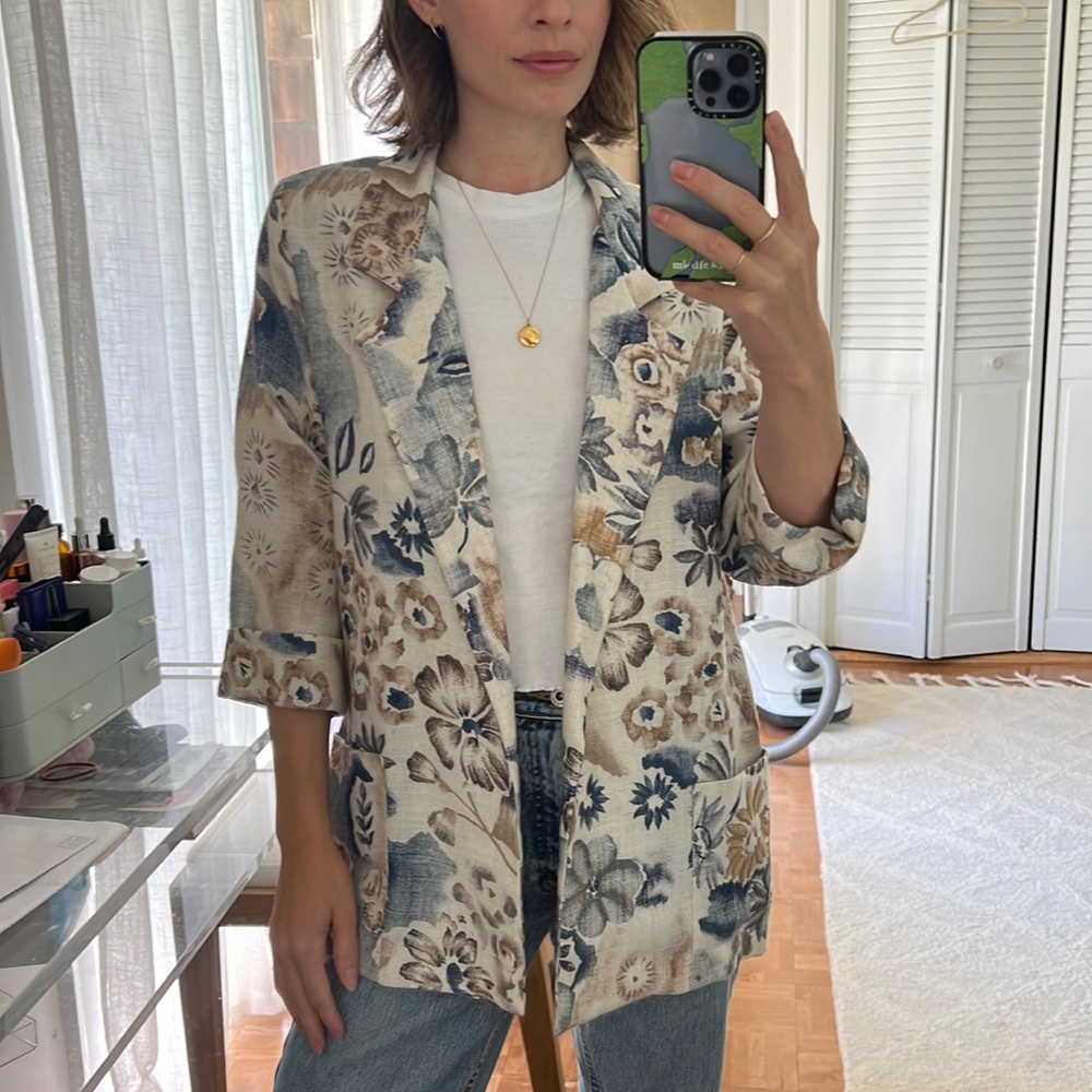 Joanna linen blazer tan blue floral